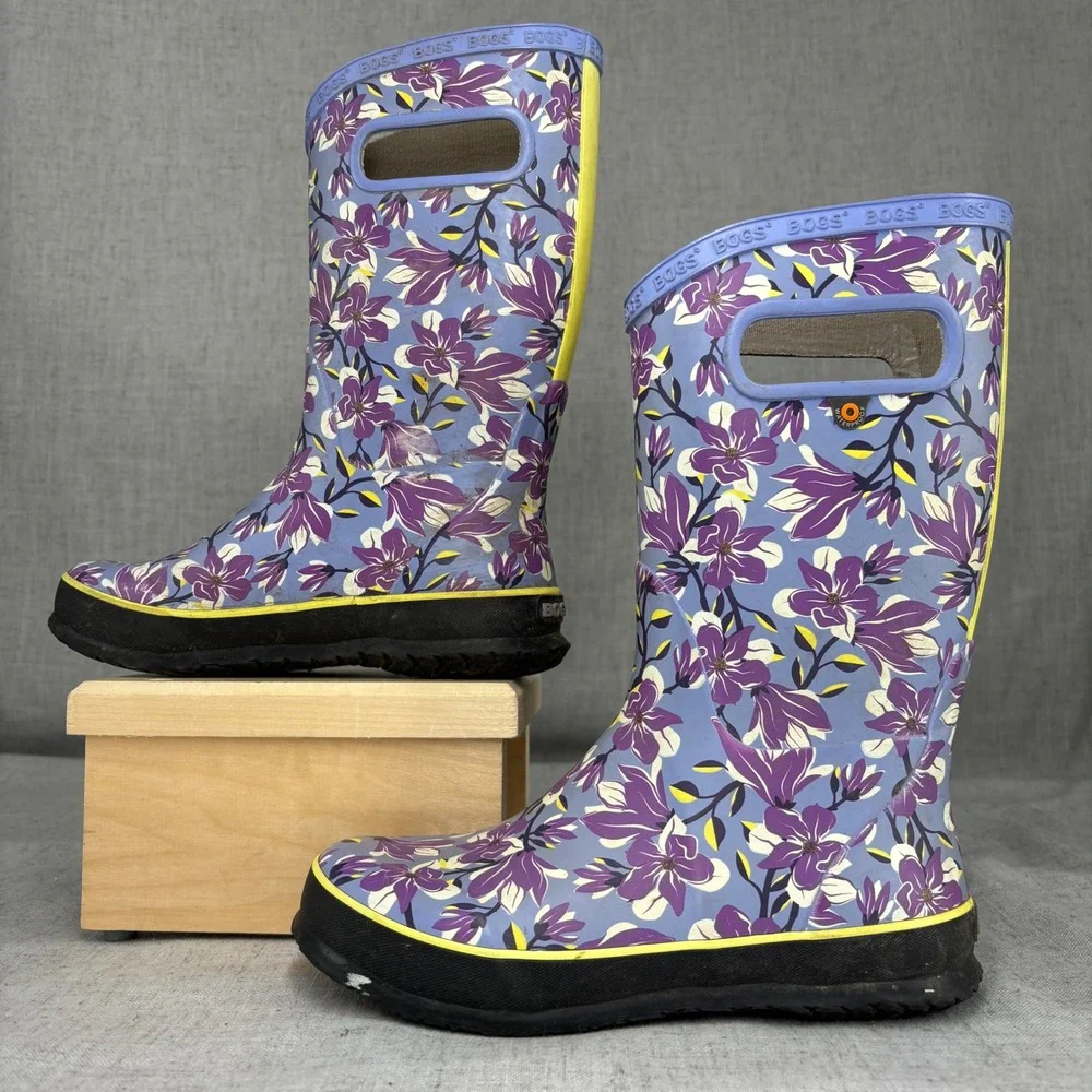 Bogs Rain Boots Girls Purple Magnolia Pull On Waterproof Youth Size 3
